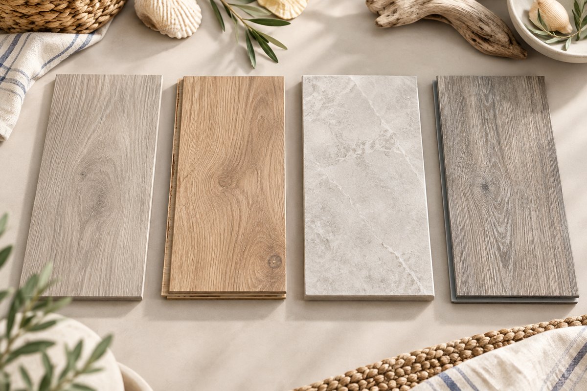 Four coastal flooring samples showing luxury vinyl plank, engineered hardwood, porcelain tile, and laminate