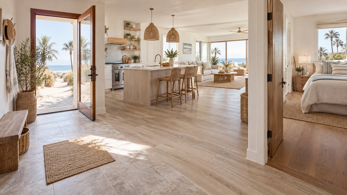 Open Venice beach house with tile at the entry, light plank flooring in the kitchen, and warmer flooring in the bedroom