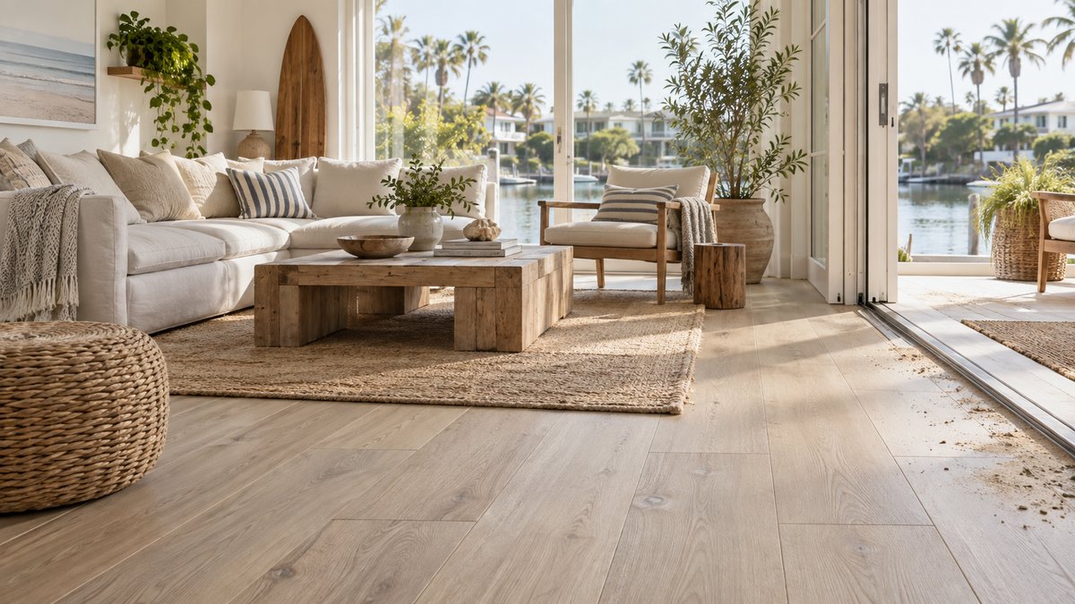 Canal-front Venice living room with light wood-look flooring, coastal furnishings, and sand near the open patio door