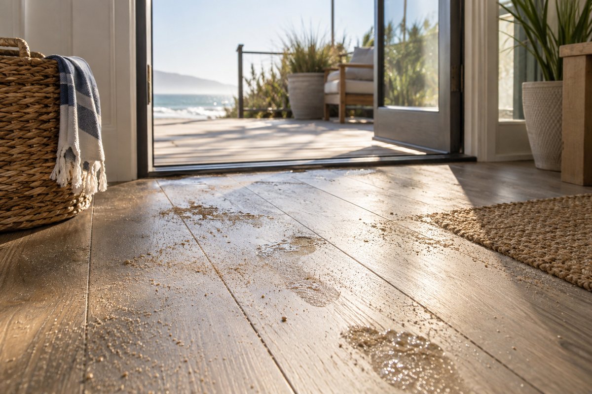 Fine sand and damp footprints on beach-house flooring beneath strong sunlight beside an open coastal patio door