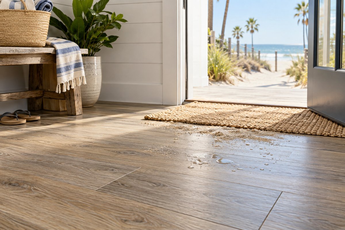 Wood-look waterproof luxury vinyl plank with sand and water droplets beside a woven mat at a beach-house entry